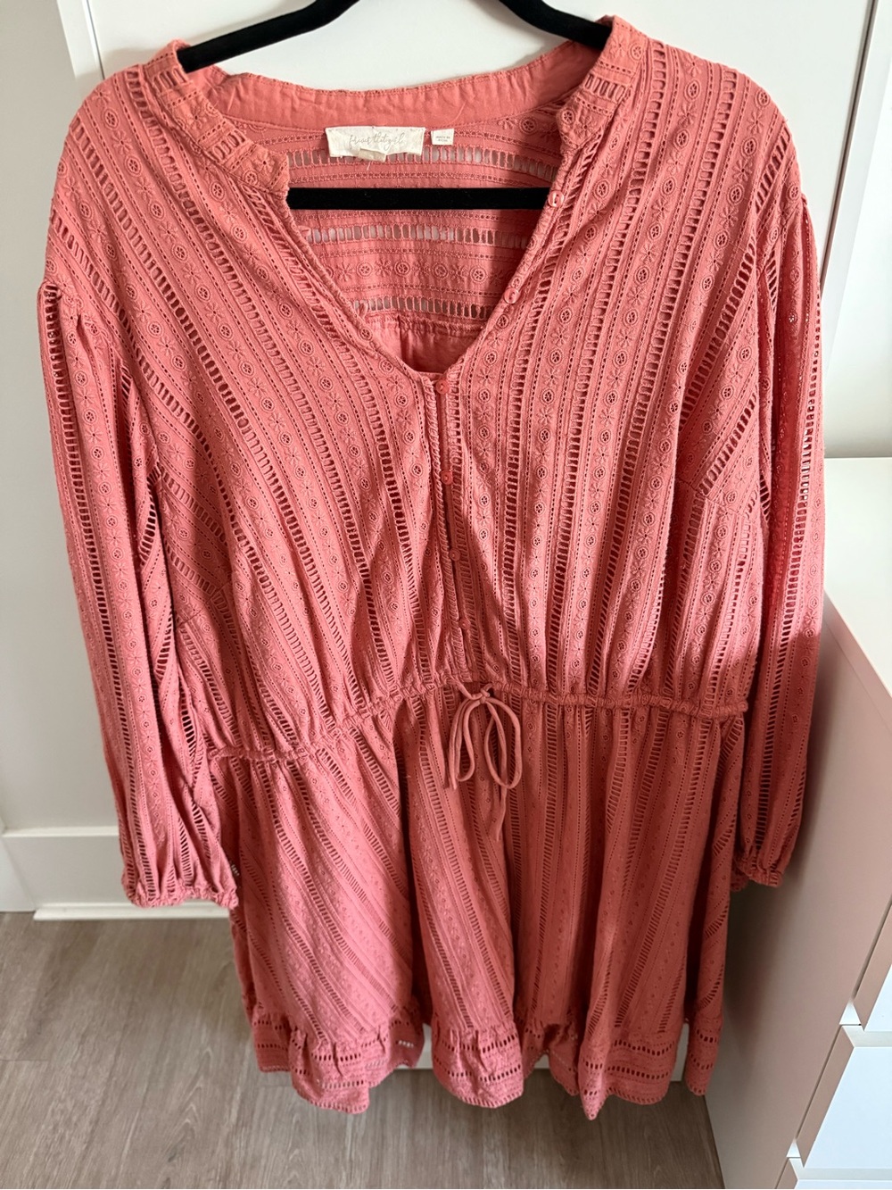 Anthropologie Women's Pink Crochet Tunic Dress - Drawstring Waist